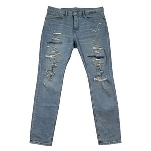 H&M Jeans Men's 34x32 Blue Denim Distressed Stretch Tapered Leg Modern Slim Fit